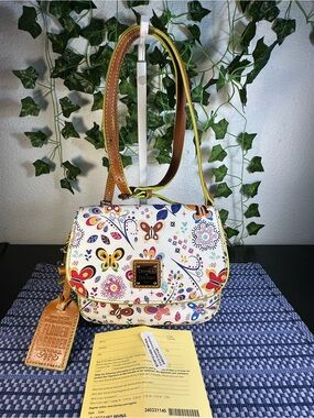 Dooney & Bourke White Floral & Butterfly Crossbody Bag with Tan Strap